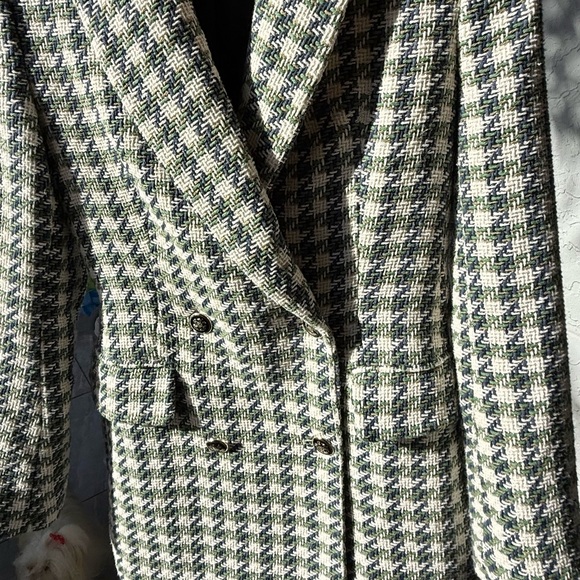 Zara Double Breasted Houndstooth Tweed Blazer Jacket Ivory Navy Green Small - Picture 12 of 14